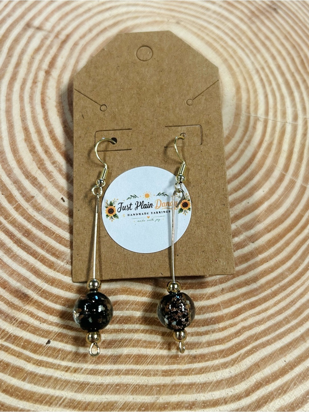 Black Glitter Glass Bead Long Dangle Earrings Gold Tone Statement Jewelry